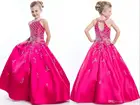 2021 ярко-розовые пышные платья с лямкой на шее для девочек вечерние платья для маленьких девочек, детские атласные платья Keyho с кристаллами и бисером