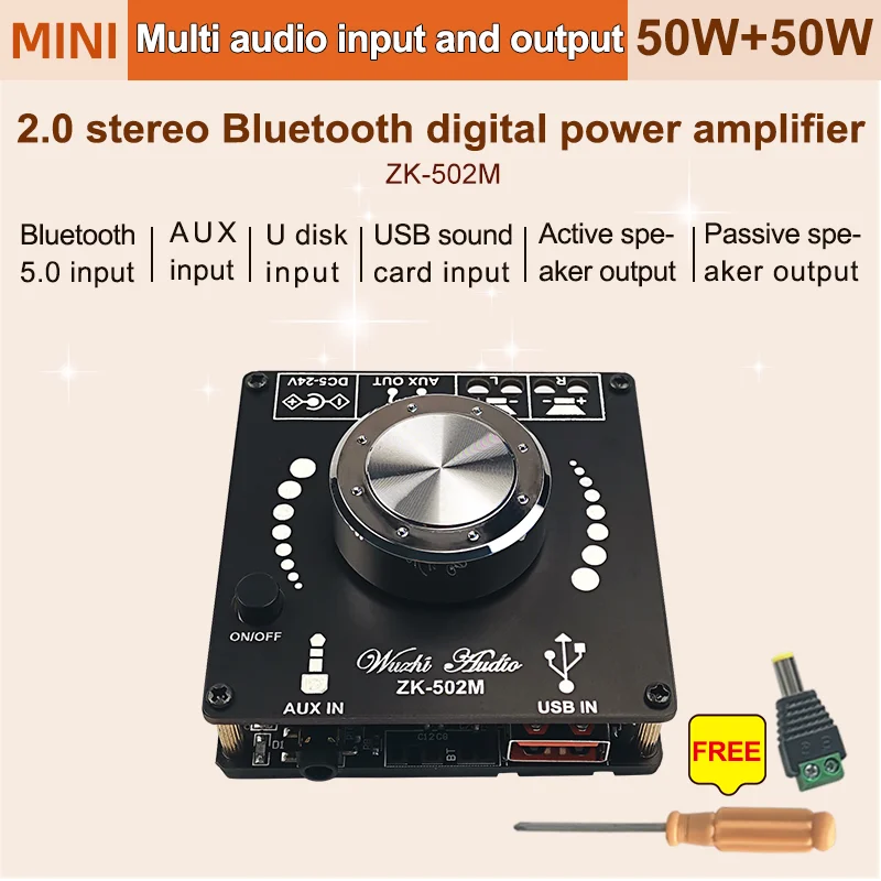 

ZK-502M MINI Bluetooth 5.0 Power Audio Amplifier board 50WX2 Stereo AMP Amplificador Home Theater AUX USB