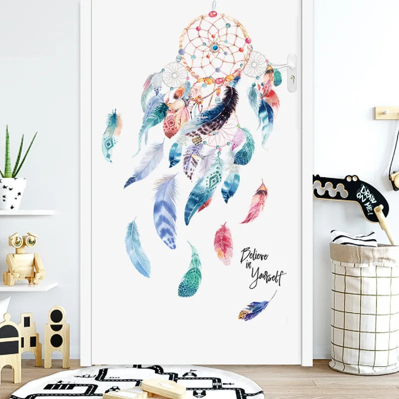 HOT  3D Dream Catcher Wall Sticker Colorful Feathers For Living Room Bedroom Door Glass Decoration Wallpaper Murals 45*60CM