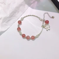 real 925 sterling silver scalable strand bracelet floret bead strawberry quartz delicate lucky flower pendant exquisite jewelry