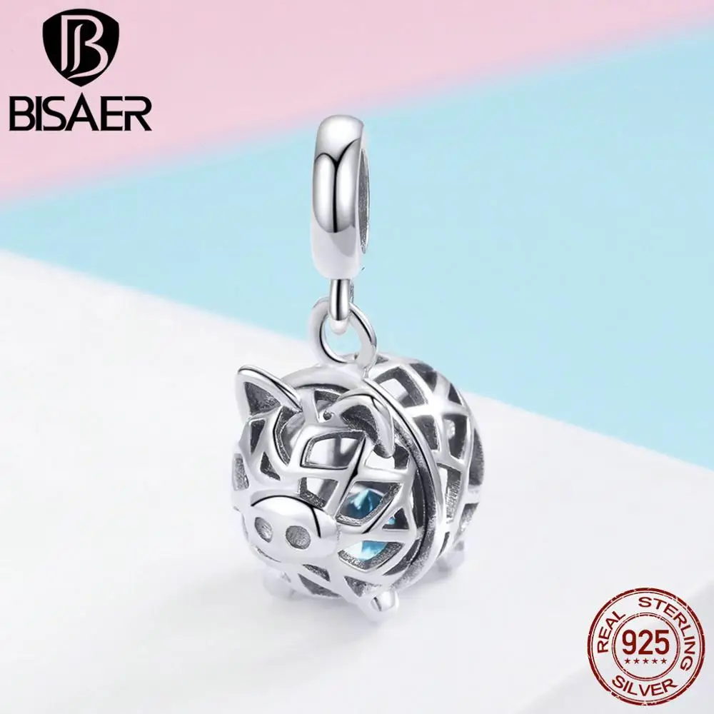 BISAER, новинка, 925 пробы, серебряная свинка, коллекция, амулеты, голубой циркон, свинья, животные, бусины, подходят для оригинальных браслетов, ювелирные изделия ECC1006