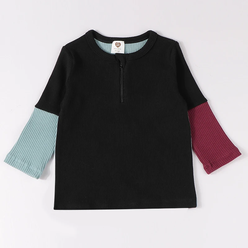 Camiseta de manga larga con contraste para niños, tops para bebés, ropa de algodón acanalada, cuello con cremallera, Otoño e Invierno