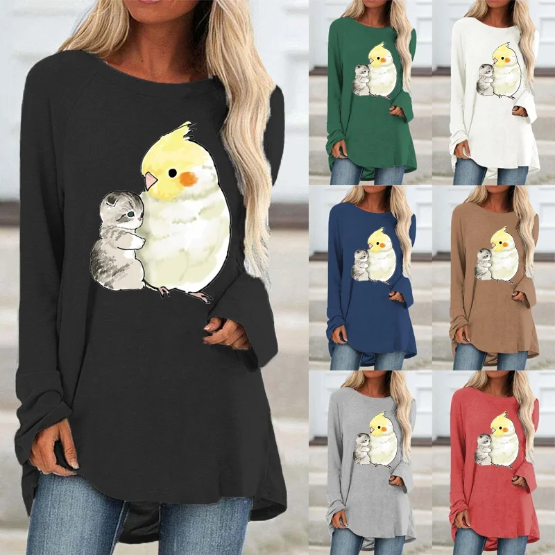 

Spring and Autumn Women Fashion Loose Long Sleeved Round Neck Printed Casual Graphic Printed Ladies Tops Blouses Plus Size