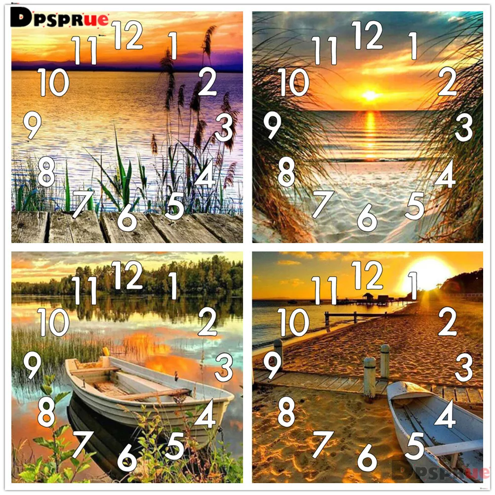 

Full Diamond Painting Cross Stitch kit Beach Sea With Clock Mechanism Mosaic 5D Diy Square Round 3d Embroidery Gift HJ544