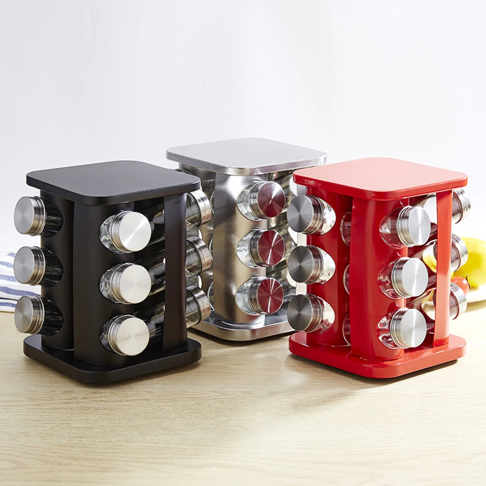 

12pcs/set Stainless steel rotating seasoning jar set Canister Glass Seasoning Bottle Set with Turnable Holder Salt Pot Glass