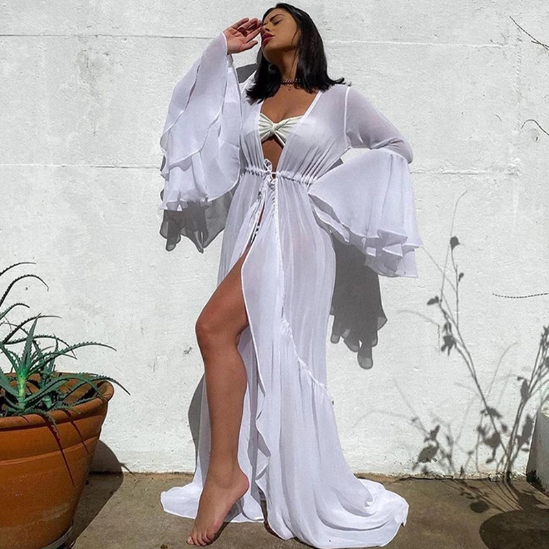 Сексуальная накидка на бикини длинная белая туника повседневное летнее пляжное