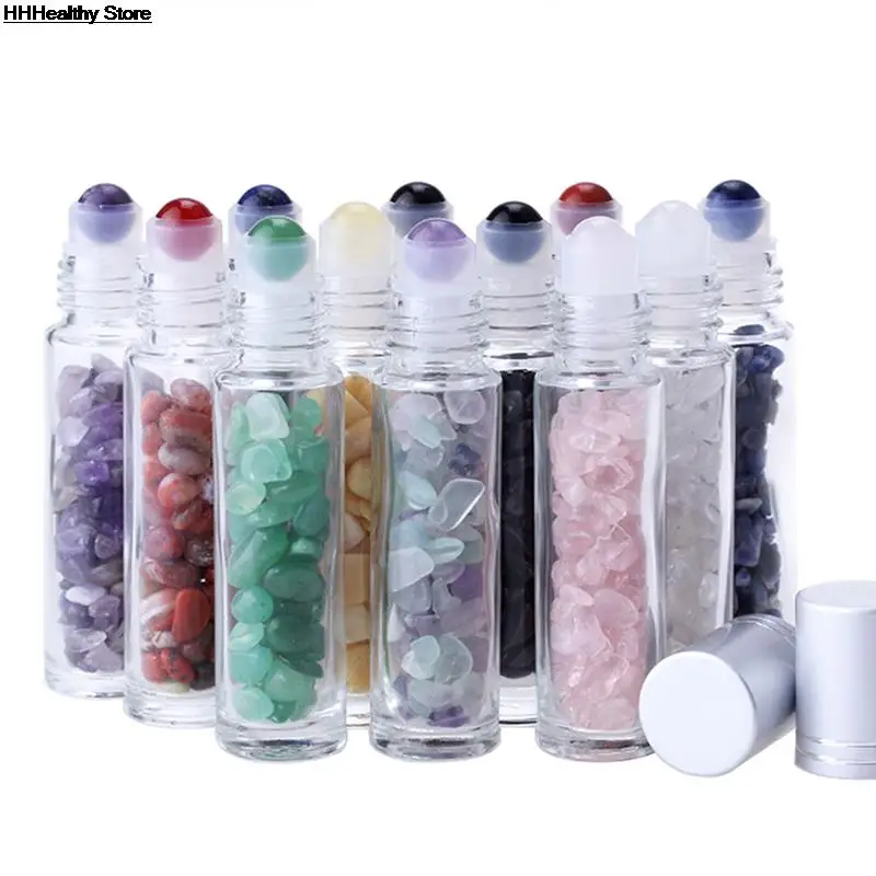 

1pc 10ml Essential Oil Bottles Roll On Roller Ball Healing Crystal Chips Semiprecious Stones Bottles Refillable Bottle Container
