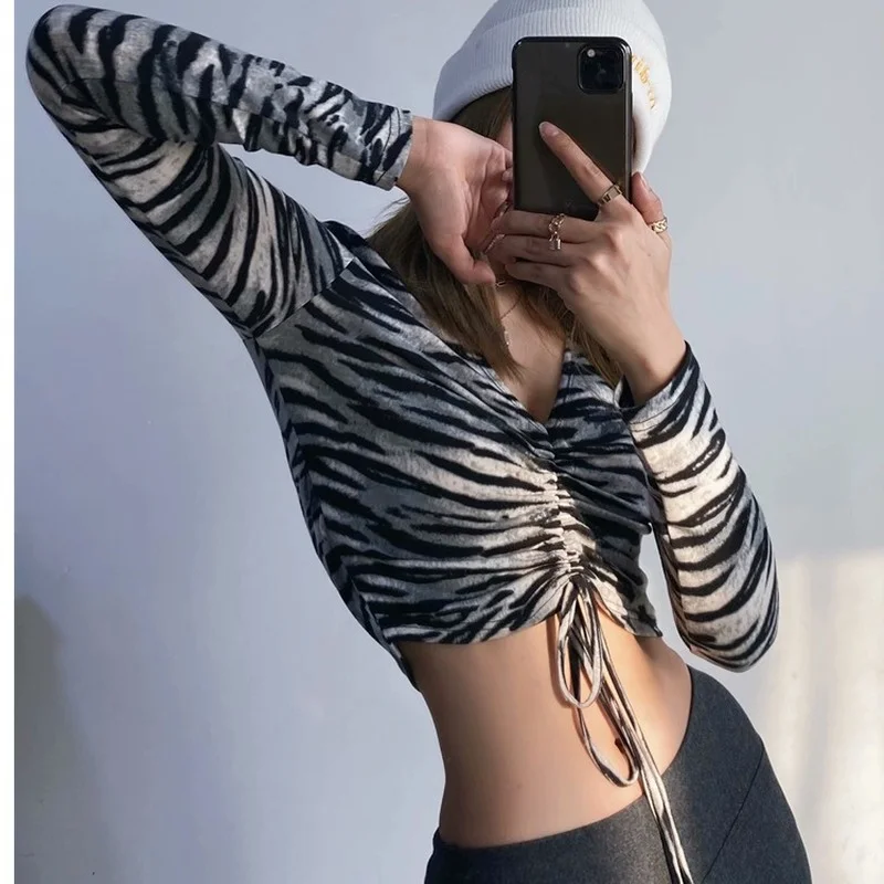 

V-neck Drawstring Long Sleeve Bottoming T-Shirts 2021 Spring Fall Women Zebra Pattern Tops Women's Fashion Sexy Bottoming Tshirt