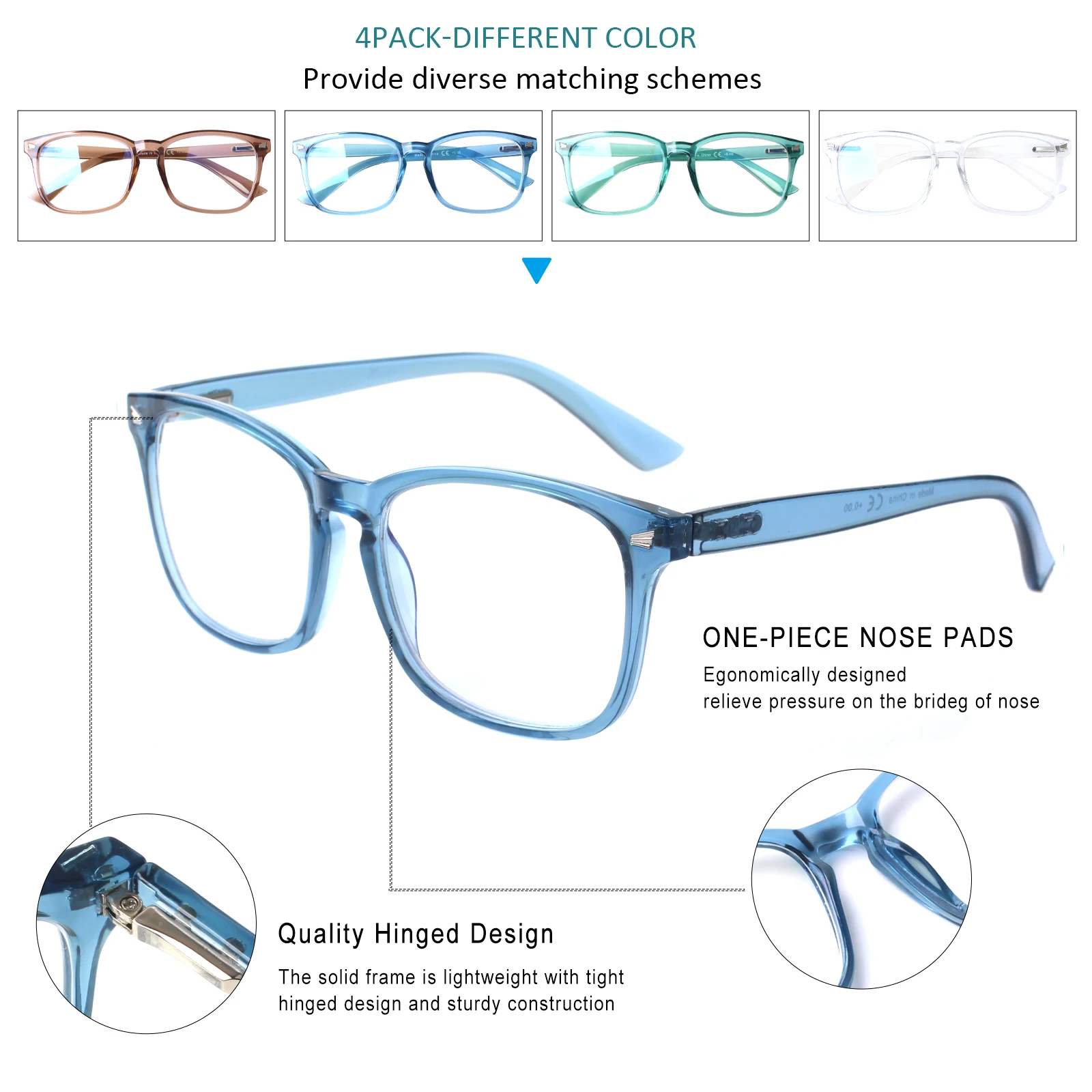 

Ultra-light reading glasses, plastic material, easy to carry, large frame, wide field of view, spring hinges, wear-resistant
