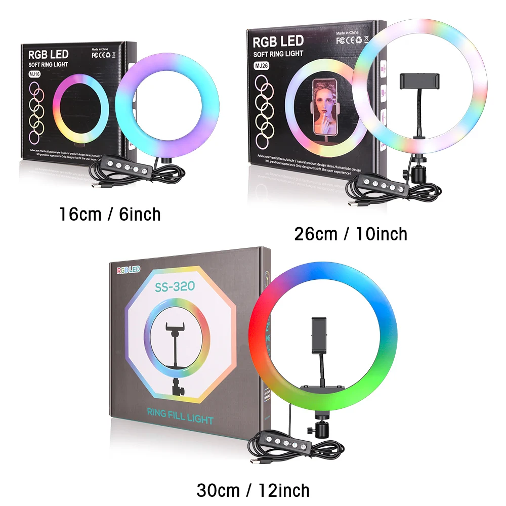 

6/10/12Inch RGB LED Ring Light Selfie Ring Lamp 15 Colors 3 Model With Tripod Stand USB Plug For YouTube Live Makeup Photography