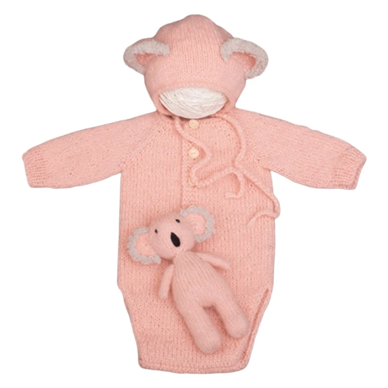 

3Pcs/Set Newborn Photography Props Suit Knitted Jumpsuit Rompers with Beanie Hat Koala Doll Toy Infant Baby Outfits