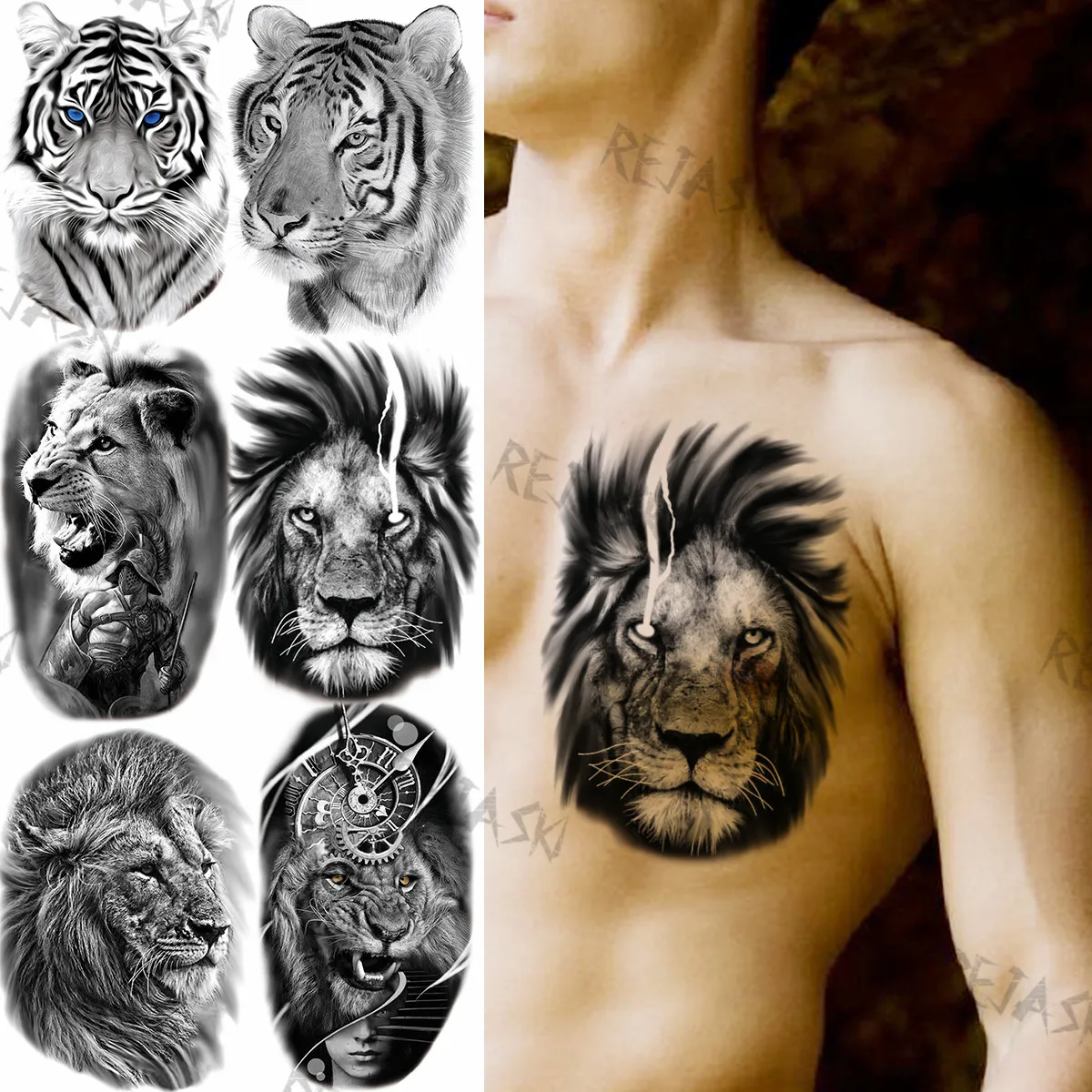 

Племенной Черный Лев Временные татуировки для Для мужчин взрослых реалистичные Тигр компас рыцарь поддельные наклейки-тату на руку татуир...