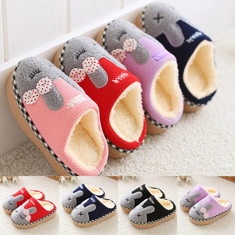 Зимние Детские теплые тапочки мультяшная плюшевая обувь Нескользящие для