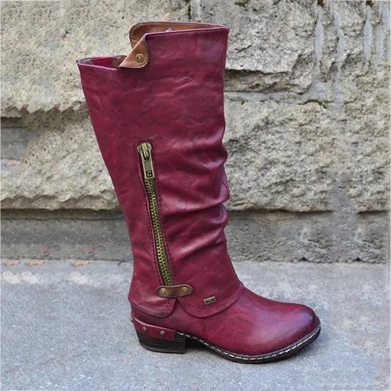 

2020 New Zip Women's Boots Round Toe Mid-heel Zipper Knight Boots Square Heel Long-tube Women's Boots Zapatos De Mujerp
