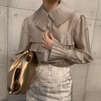 2021 korean fashion solid shirts for women spring autumn single breasted sexy blouse vintage turn down collar folds female blous