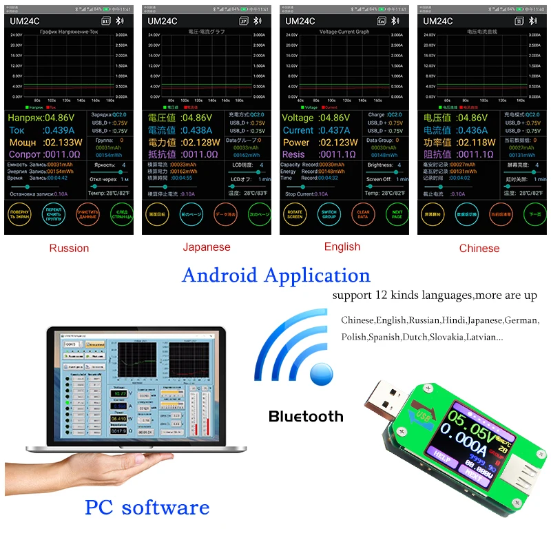 UM24C USB Bluetooth компьютер онлайн вольт постоянного тока измеритель напряжения