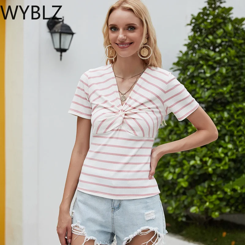 

WYBLZ 2021 Новая летняя хлопковая футболка с короткими рукавами, Футболка женская с О-образным вырезом Полосатый пуловер тонкий модный вязаный ...