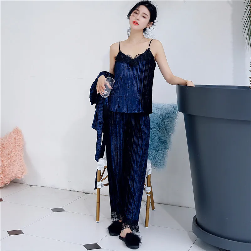 Женский сексуальный пижамный комплект зима-осень однотонный бархатный длинный