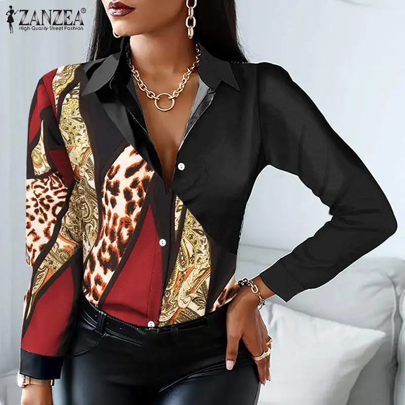 

Lapel Blouse Printing Button Down Front Baggy Blusas Holiday Work OL Fashion Thin Chemise 2022 ZANZEA Autumn Women Full Sleeve