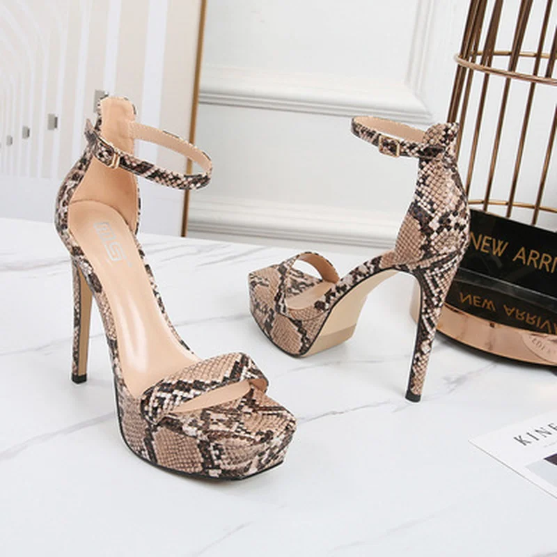 

2021 Summer Sexy Serpentine Women Shoes Open Toe High Heels Ladies Pumps Shoes Female Animal Print Pointed Toe Sandals