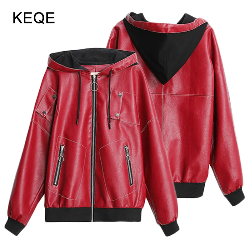 

Women's Spring/Autumn Leather Jacket Women Zipper Pocket Coat Woman Hooded Leather Jackets PU Leather Jacket Windbreaker BW062