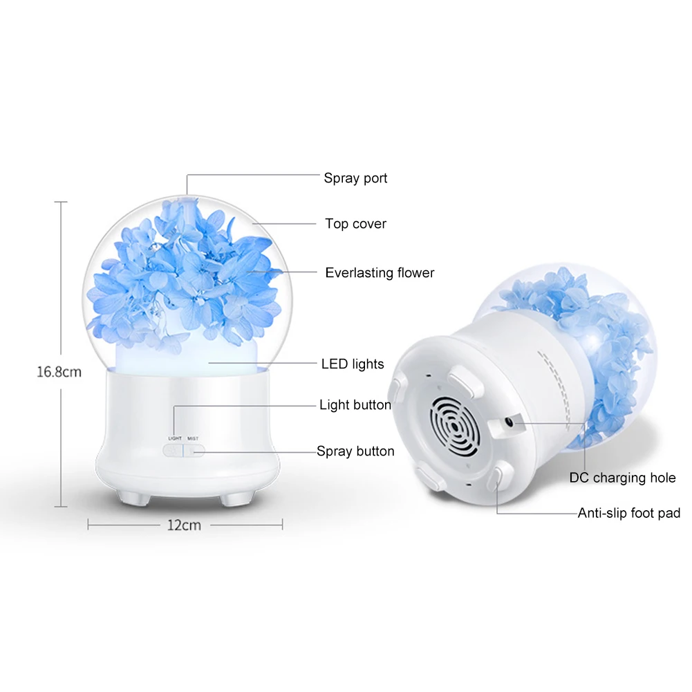 

Preserved Flower Essential Oil Aroma Diffuser Mini Ultrasonic Humidifier Warm LED 7-Color Light Humidifier Air Purification