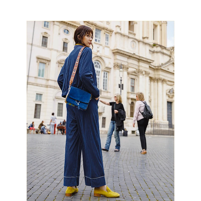 Весенне-осенний женский однотонный костюм из спандекса INAMN с длинными брюками на