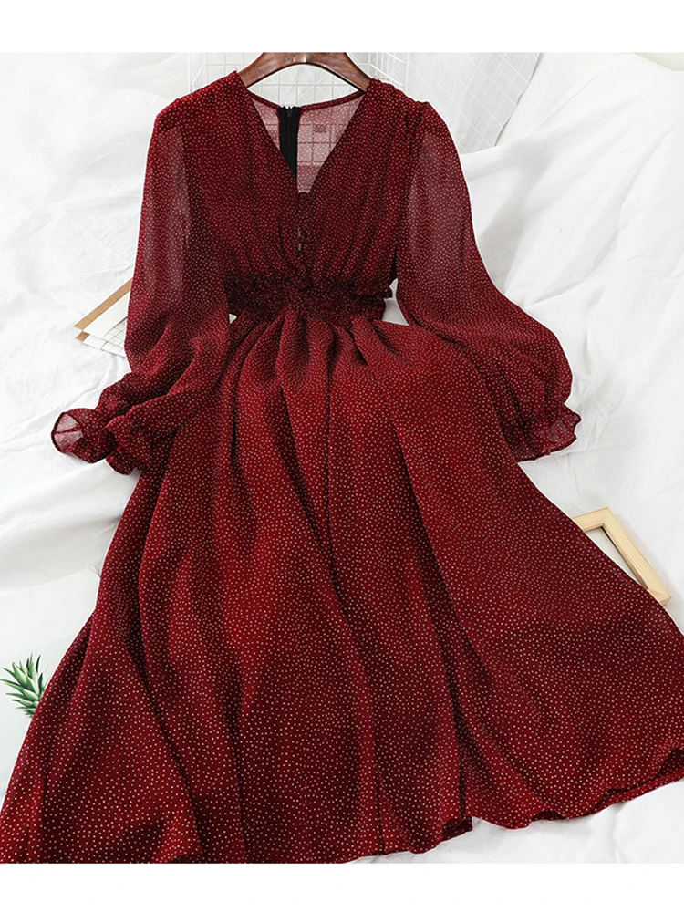 

2021 Spring Women Red V Neck Polka Dot Slim Chiffon Dress Button Puff Sleeve High Waist Elegant Woman Mid-calf Party Dress