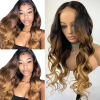 t1b427 3 tone color romantic body wave ombre t middle part lace front human hair wigs 1b dark roots brown ash blonde bottom