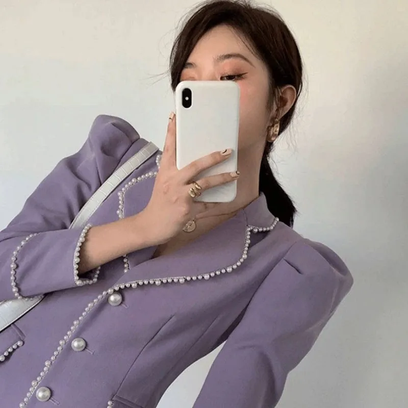 

High Quality Suit Dress Womens Single Breasted Pockets Button High Waist V-Neck Puff Sleeve Knee Length Elegant A-Line Dress