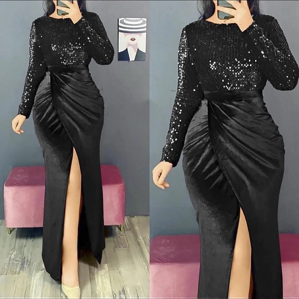 

Африканские платья с блестками для женщин, Осеннее Африканское женское длинное платье с длинным рукавом, черное, синее, зеленое платье макс...