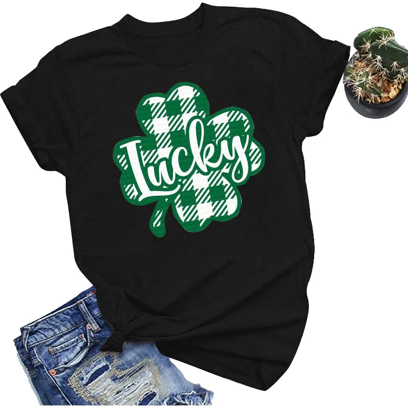 

2021 spring and summer new women's top leaf lucky letter printed round neck short sleeve T-shirt for women