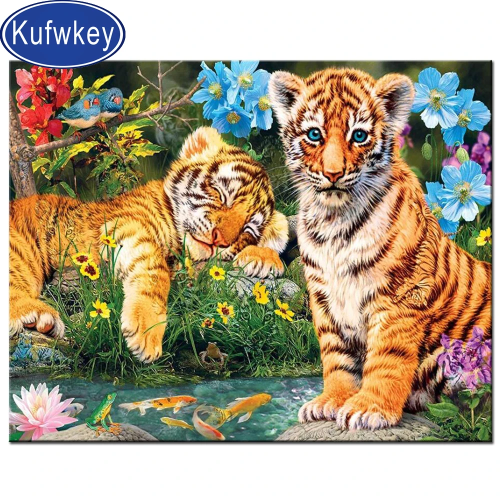 5D квадратные/круглые алмазные вышивки Детеныши Тигр Рыба Кристалл Алмаз Картина