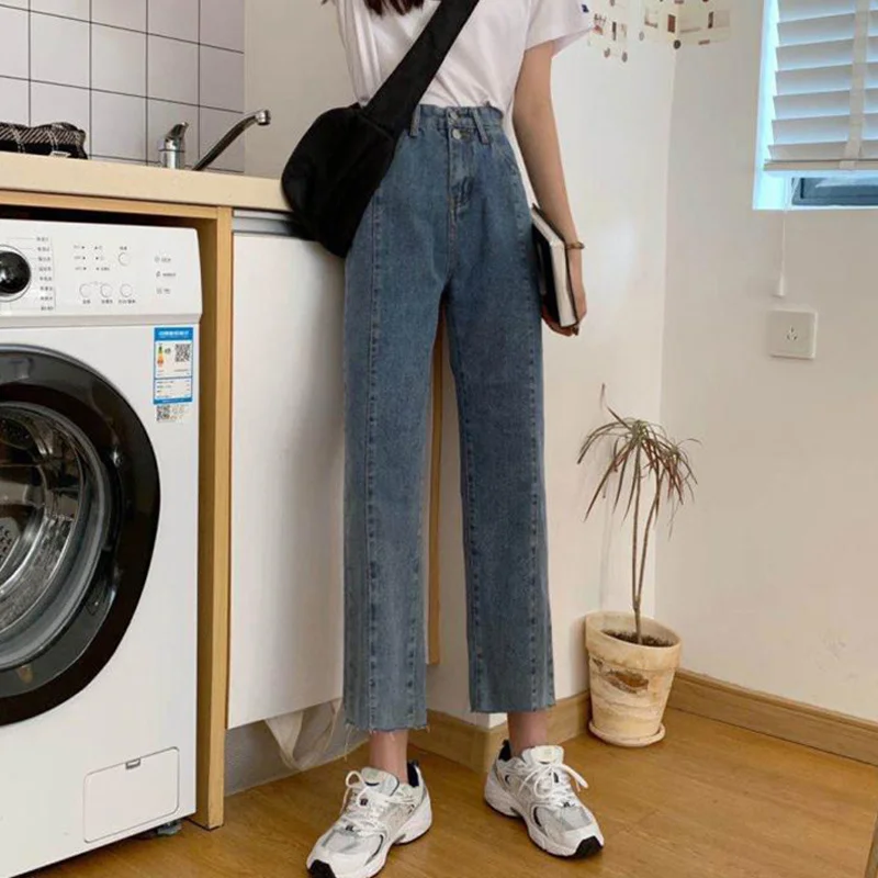 

2020 New Summer Korean Style Thin Jeans Women's Straight Loose High Waist Pants for Students Trendy Slimming Trousers