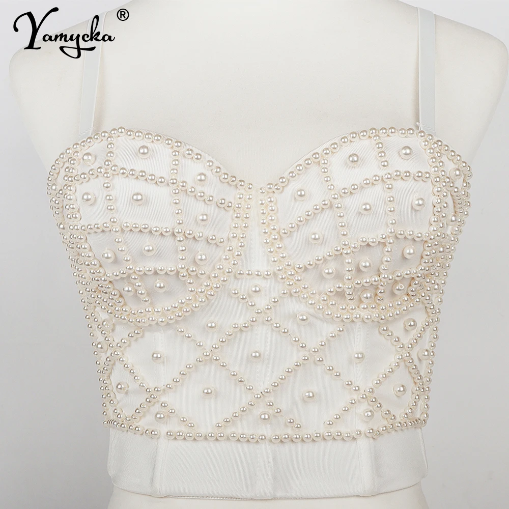 

Sexy halter Black pearl bustier corset crop top women summer Vintage clothes Party y2k tank top night club Cropped womens tops