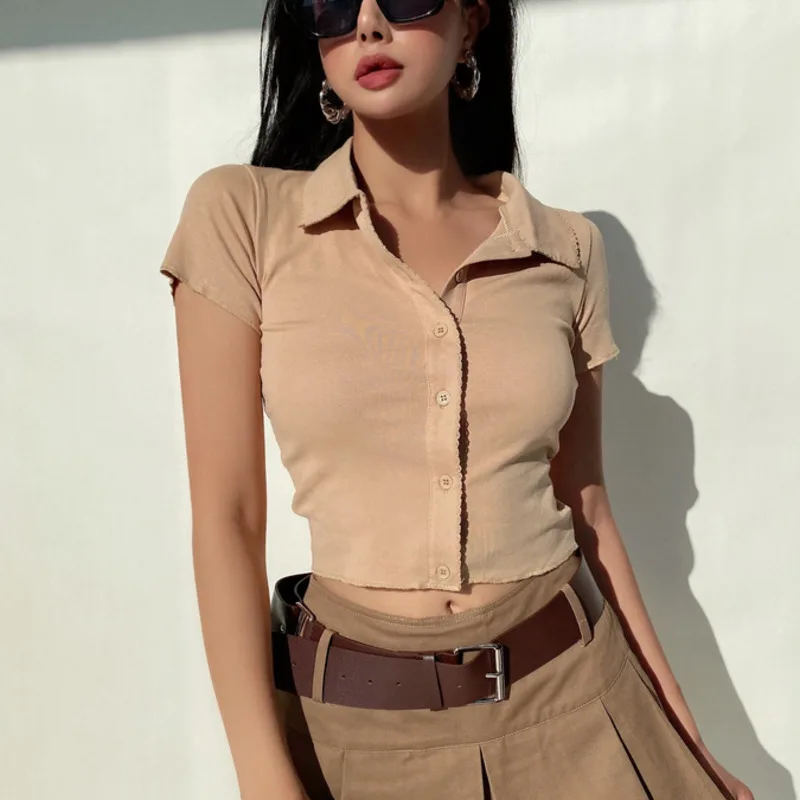 

XUXI женская футболка с воротником-поло, вязаная женская футболка с коротким рукавом, короткий облегающий топ с отворотом и кружевом, летняя ф...