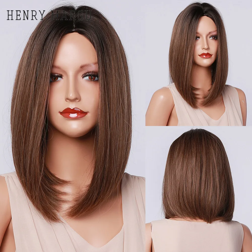 

HENRY MARGU Short Straight Bob Wigs for Black Women Brazilian Black Brown Ombre Synthetic Wigs Middle Part Heat Resistant Wig