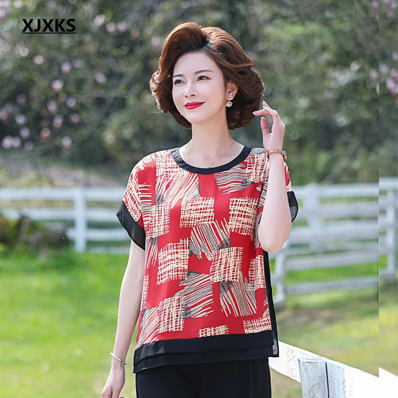 

XJXKS высококачественный шифоновый топ, женская футболка, Новинка лета 2021, модная удобная женская футболка с принтом и коротким рукавом