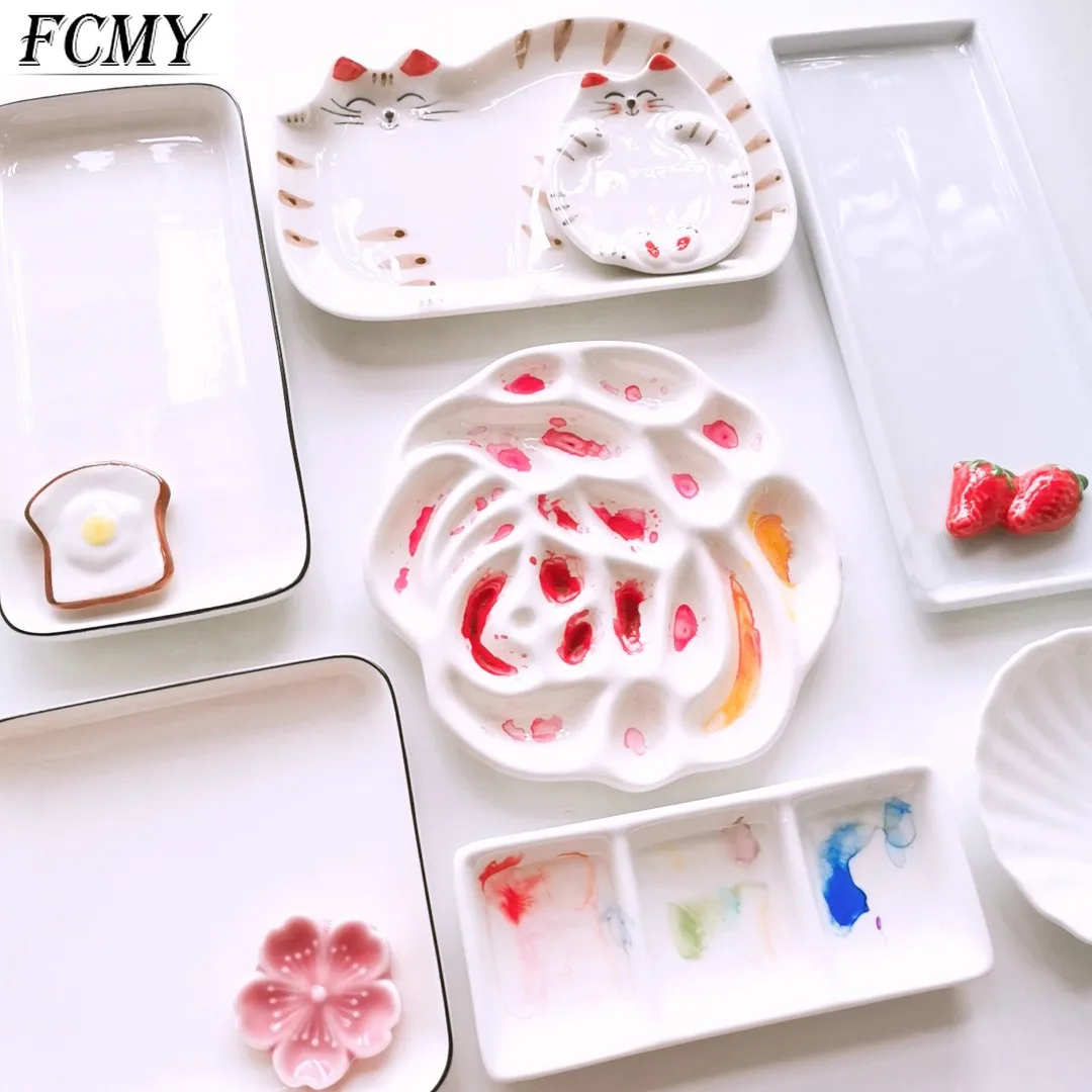 

Ceramic palette Watercolor Painting Dish Kawaii kitten White Porcelain Color Palette Office profession painting Art Supplies