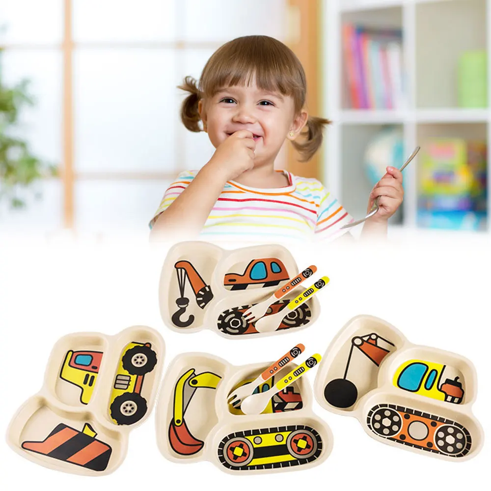 3pcs/set Cartoon Car Plate Fork Spoon Dinner Plates Set Dishes Divided Compartment Plates Tableware for Kids Toddlers Children