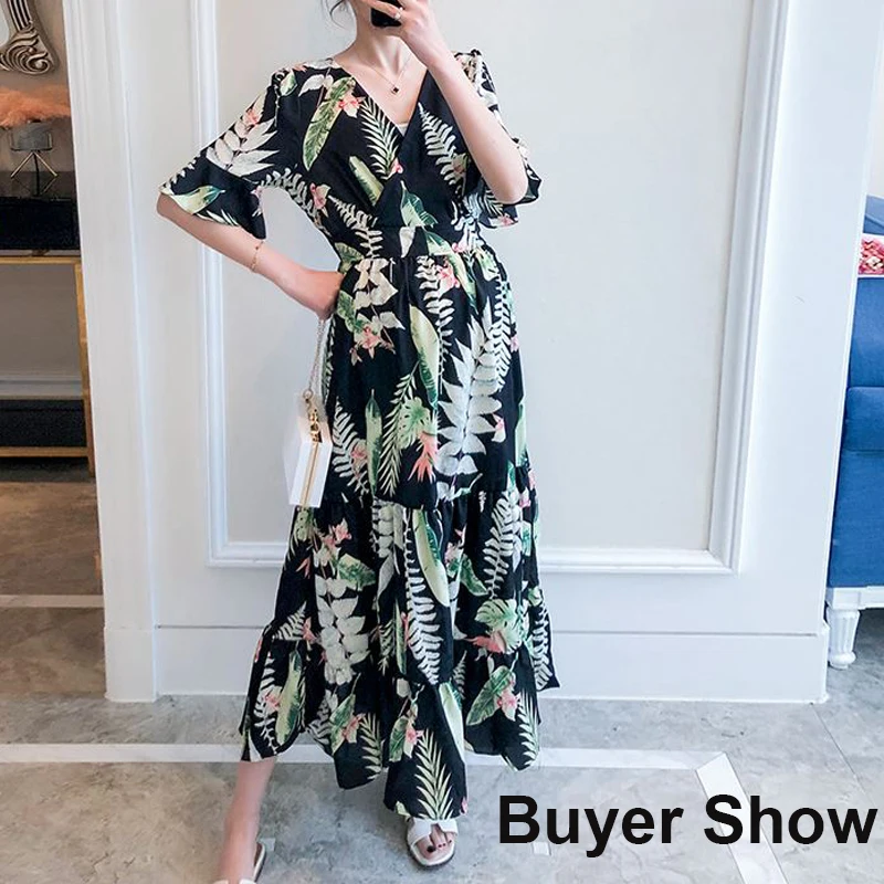 Женское элегантное длинное шифоновое платье с принтом летние сексуальные