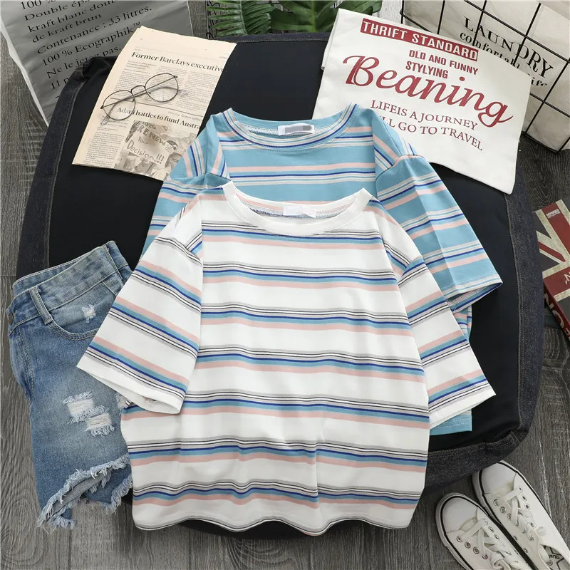 Футболка женская в полоску топ свободного покроя стиле Харадзюку с коротким