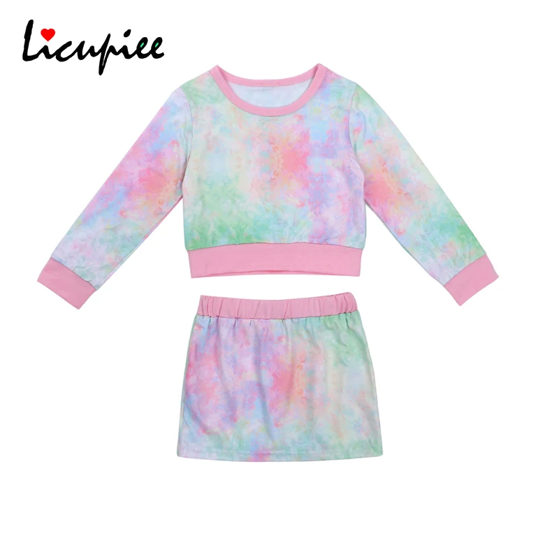 

Print Baby Clothes Kid Girls Tie-dye Set Toddler Girls Long Sleeve O-neck T-shirt + Elastic Waist Skirt for Spring Fall 1-4 Year
