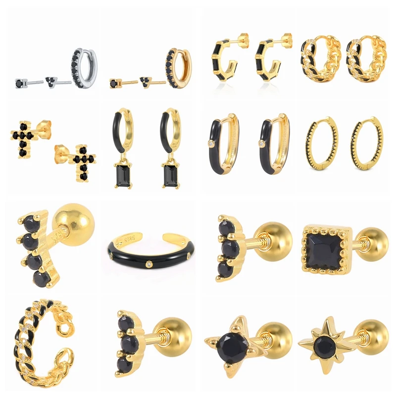 

MC Black Color Zircon 925 Sterling Silver Hoop Earrings Women Girls Gold Color Earrings Fashion Jewelry New Arrival Wholesale