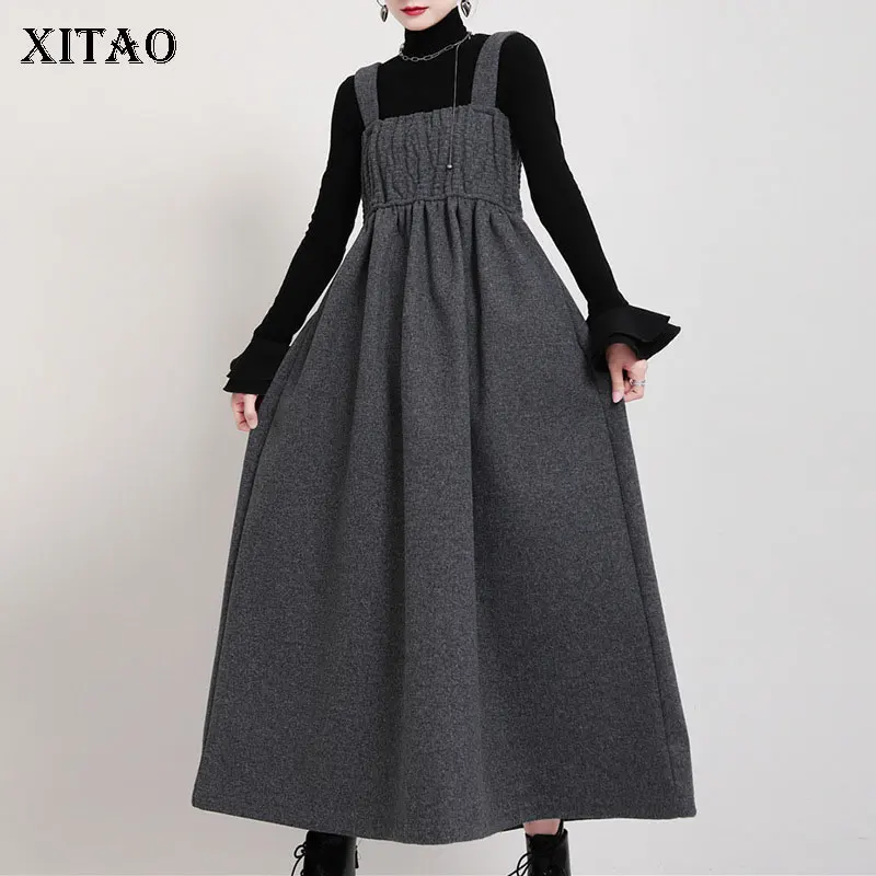 

XITAO складные Платья На Бретельках, Модные Новые однотонные универсальные Лоскутные повседневные свободные пуловеры с высокой талией для же...