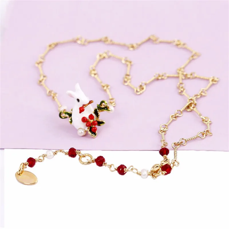 

European and American New Christmas Rose White Snow Rabbit Red Fruit Necklace Enamel Women's Fashion Pastoral Clavicle Chain