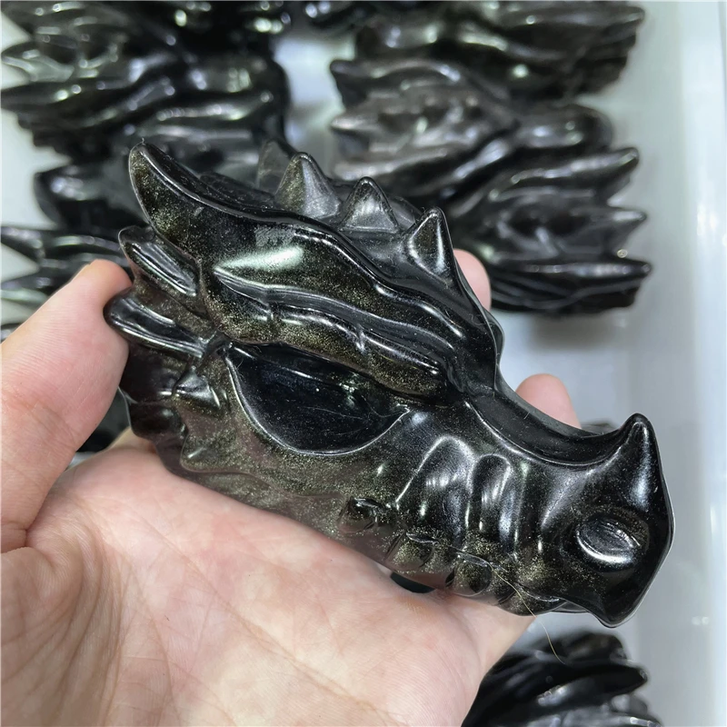 

Natural Golden Obsidian Dragon Head Skull Hand Carved Polished Gemstone Home Decoration Collection Gift