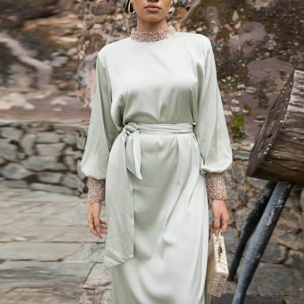 

Satin Abaya Hijab Dress Muslim Women Beading Elegant Beaded cuffs Arab Islamic Dubai Turkey Eid Ramadan Clothing