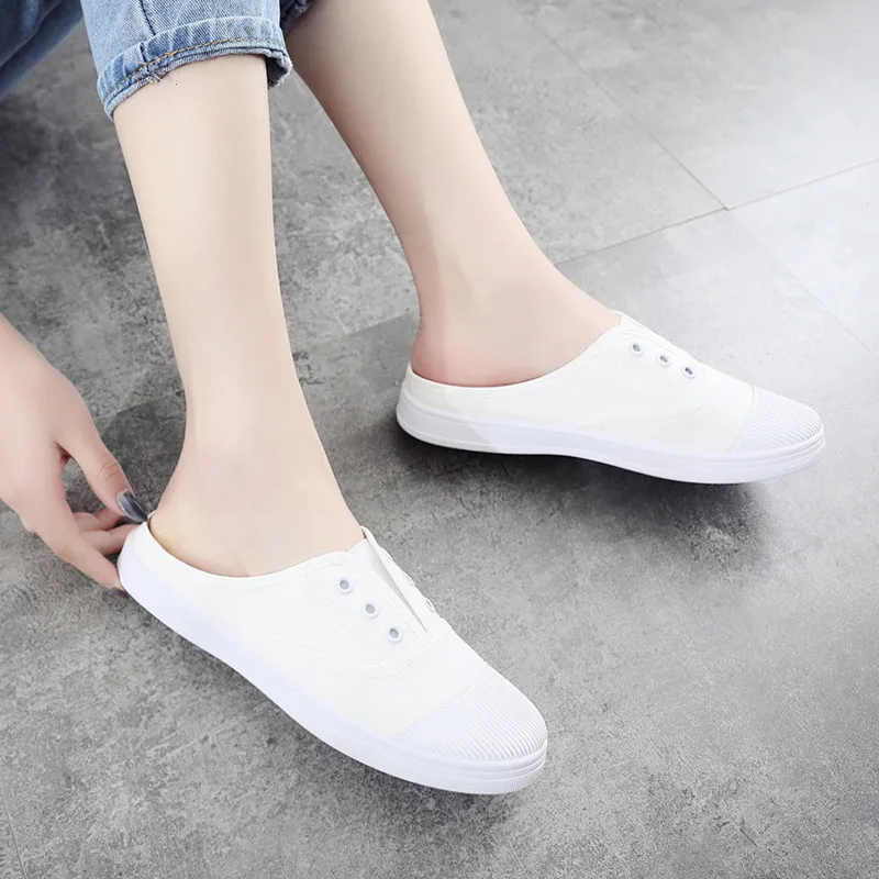 Половина-перетащите парусиновая обувь женские белые туфли без каблука одежда
