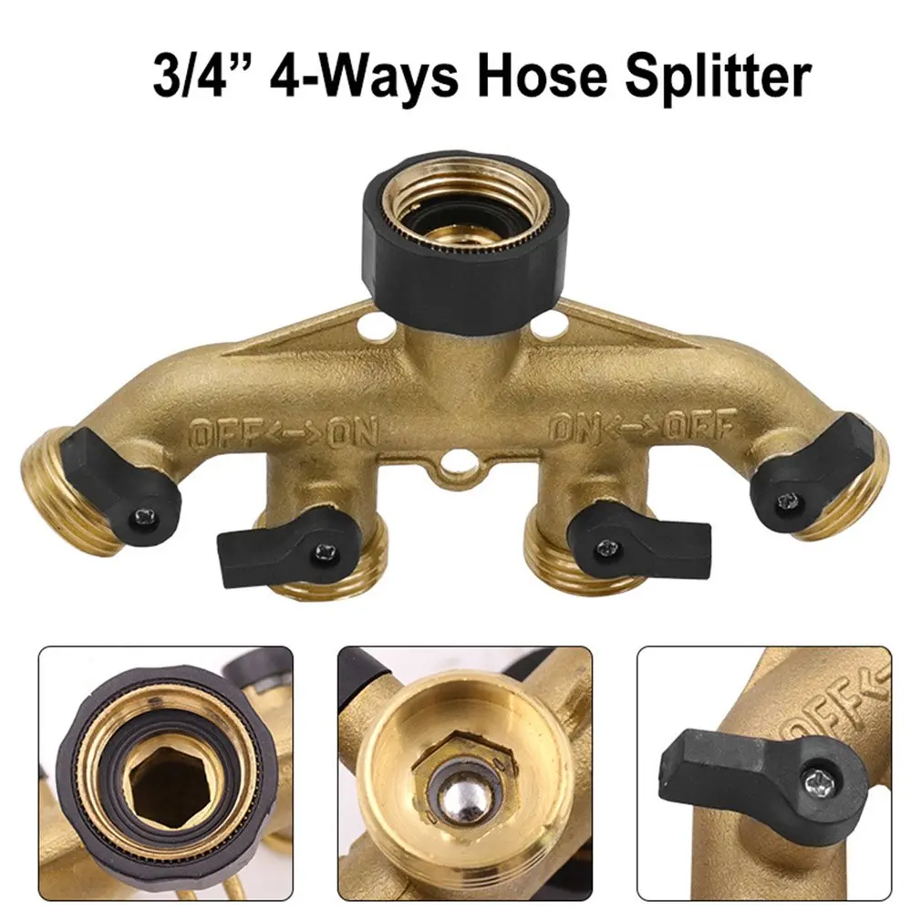 

Heavy Duty Brass 4 Way Garden Hose Splitter NPT3/4 Copper Four Outlet Faucet Diverter Valve Garden Manifold Adapter Connector
